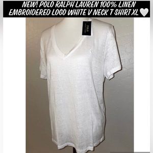 New! Polo Ralph Lauren 100% Linen Embroidered Logo White V Neck T Shirt XL🤍